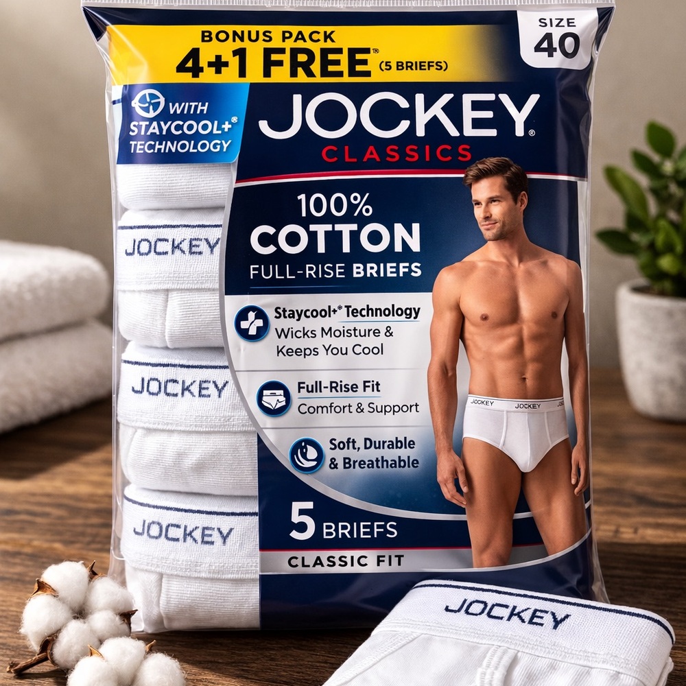 👔 Jockey Classics 100% Cotton Full-Rise Briefs (Bonus Pack 4+1 Free)
